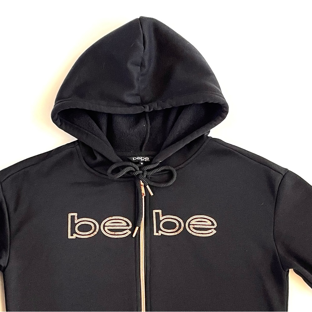 BEBE SPORT Fleece Hoodie Womens' SIZE MEDIUM Black Rose Gold Sequins Logo Top
